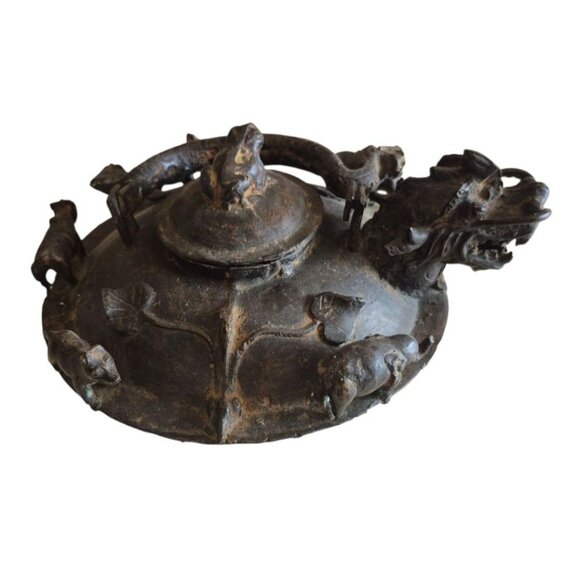 Antique Handmade Chinese Bronze Dragon Ornamental Ceremonial Teapot Kettle - Picture 3 of 7